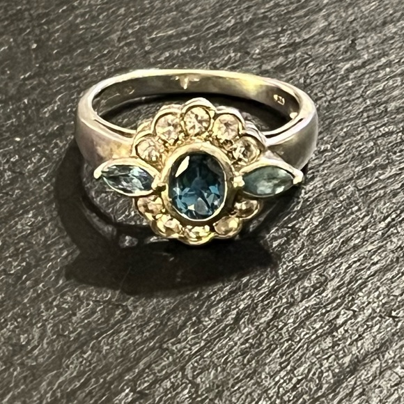 Vintage Sterling Silver 925 Blue Topaz And Cz Floral Ring Size 12 - Picture 16 of 16